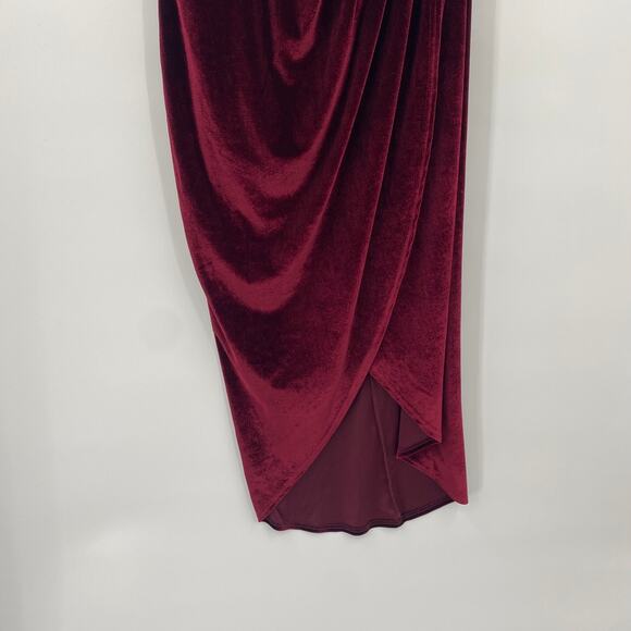 Baltic Born Kourtney Velvet Midi Dress One Shoulder Tulip Hem Merlot Red XL - Picture 4 of 9